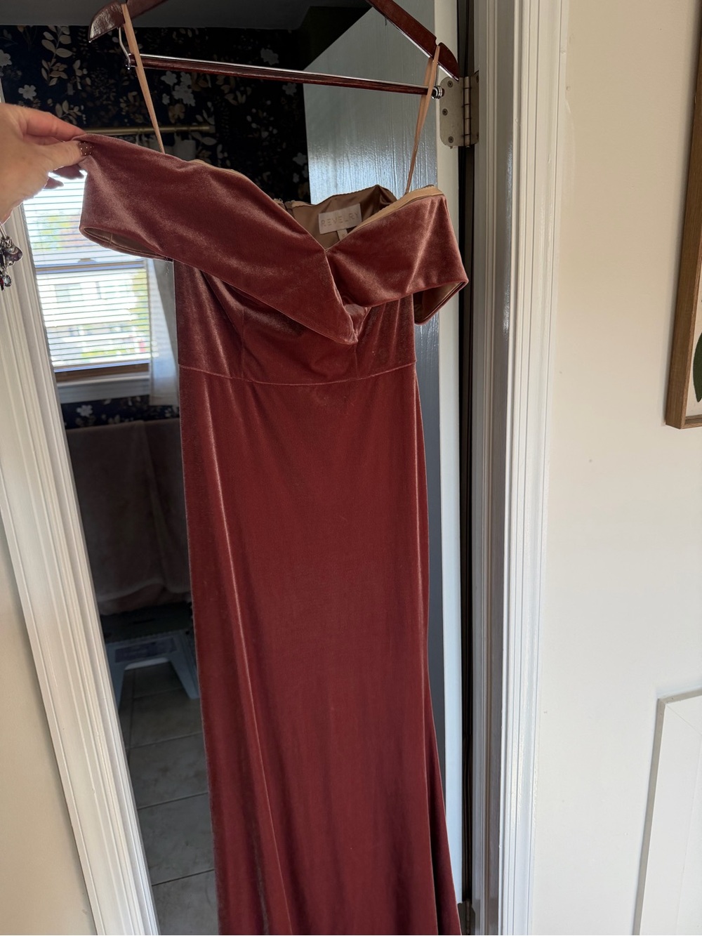 Revelry Off-Shoulder Velvet Gown in Rusty Rose